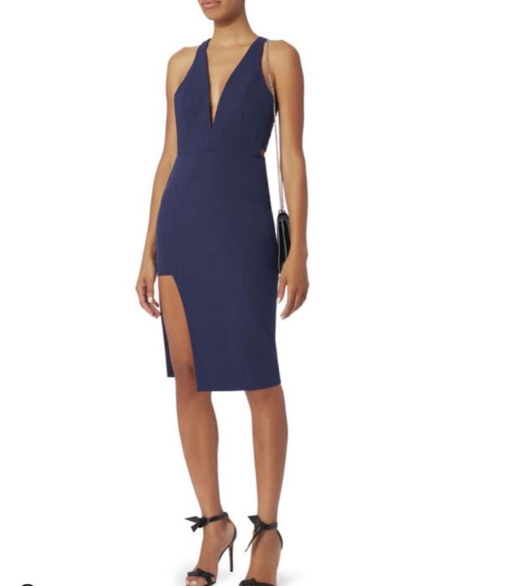 Michelle Mason Navy Deep V-Neck Plunge Cutout Midi Dress